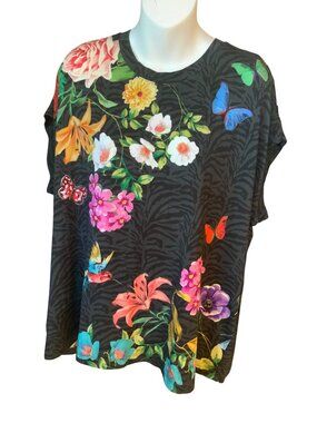 Johnny Was Black Gray Print with Floral Butterfly bird design Tee XXL